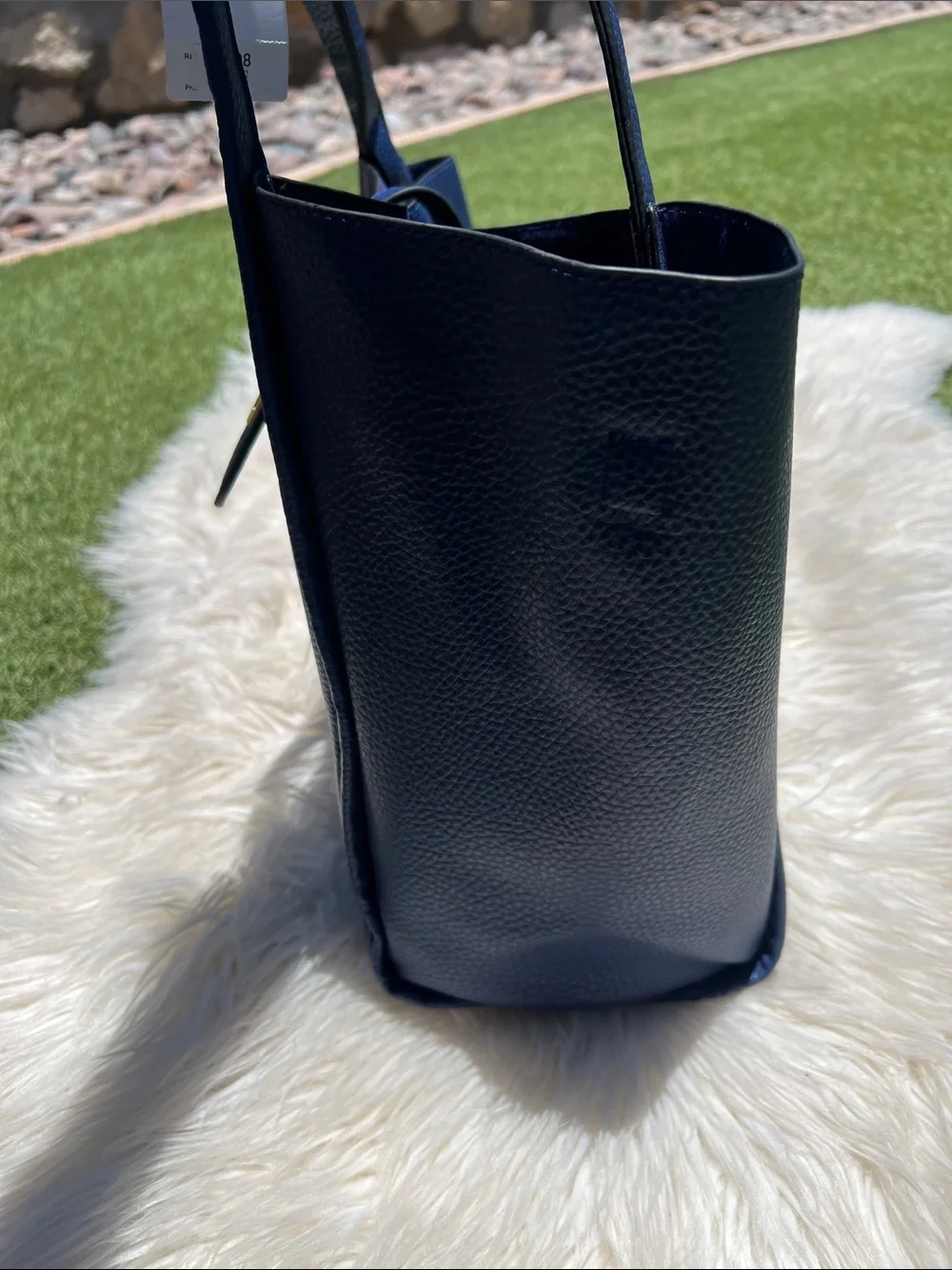 Pebbled Navy Leather Tote with Gold Hardware - Picture 9 of 12